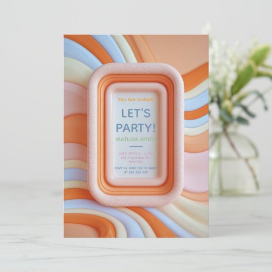 Retro Gummy Peach and Blue Waves Birthday 招待状 (スタンド正面)