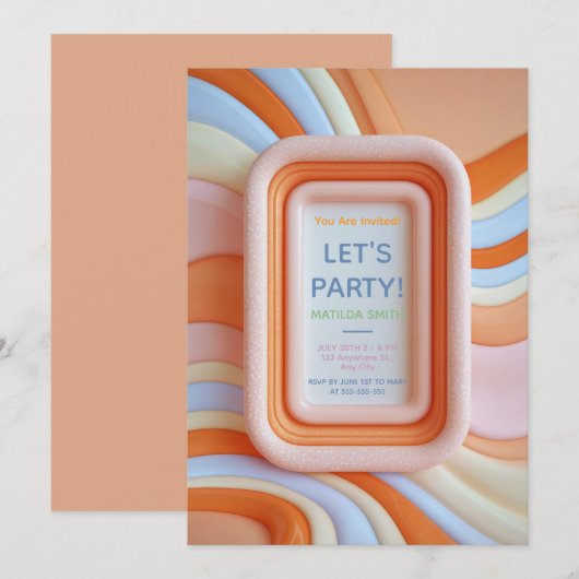 Retro Gummy Peach and Blue Waves Birthday 招待状 (正面/裏面)