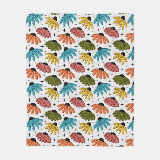 Retro Halftone Coneflowers フリースブランケット (正面)