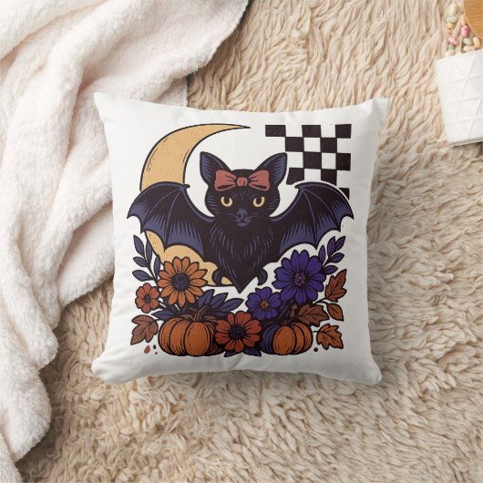 Retro Halloween Bat With Moon Gothic Aesthetic クッション (ブランケット)