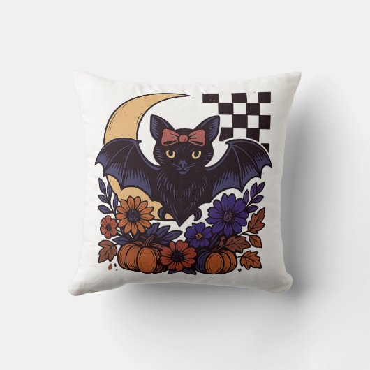 Retro Halloween Bat With Moon Gothic Aesthetic クッション (裏面)
