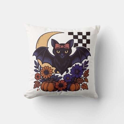 Retro Halloween Bat With Moon Gothic Aesthetic クッション (正面)