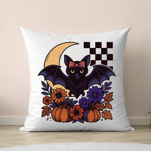 Retro Halloween Bat With Moon Gothic Aesthetic クッション