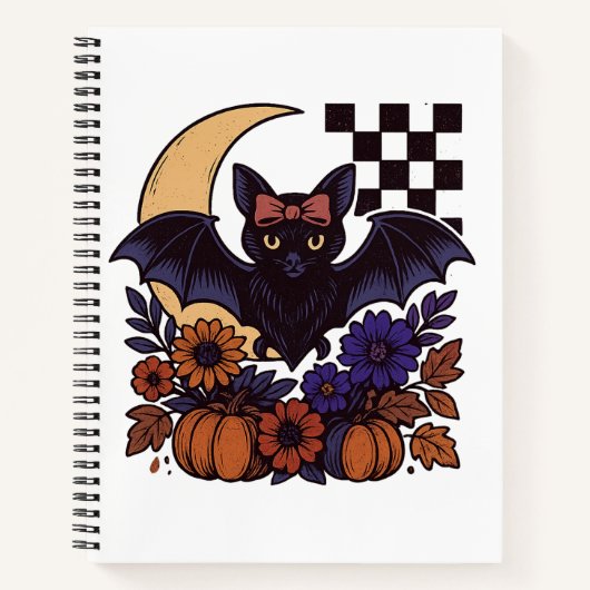 Retro Halloween Bat With Moon Gothic Aesthetic ノートブック (正面)