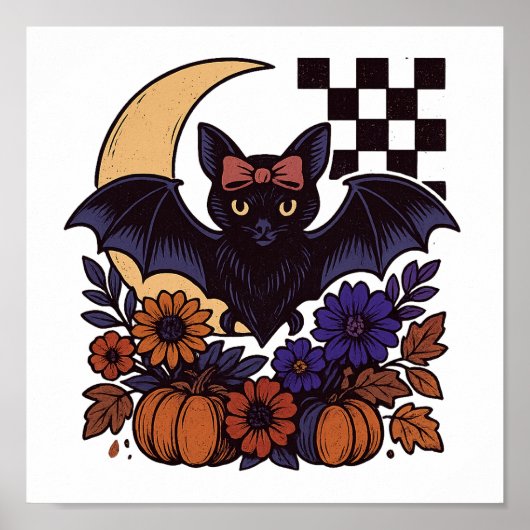 Retro Halloween Bat With Moon Gothic Aesthetic ポスター (正面)