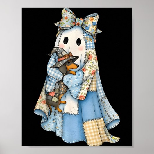 Retro Halloween Blue Denim Ghost Dachshund Funny  ポスター (正面)