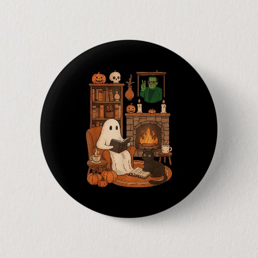 Retro Halloween Cozy Ghost Reading Book By 90s Fra 缶バッジ (正面)