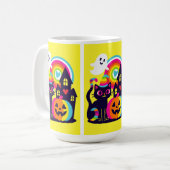  Retro Halloween Kawaii Black Cat, Pumpkin design コーヒーマグカップ (正面左)