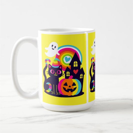  Retro Halloween Kawaii Black Cat, Pumpkin design コーヒーマグカップ (左)