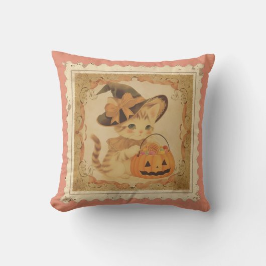 Retro Halloween Kitten Pillow クッション (正面)