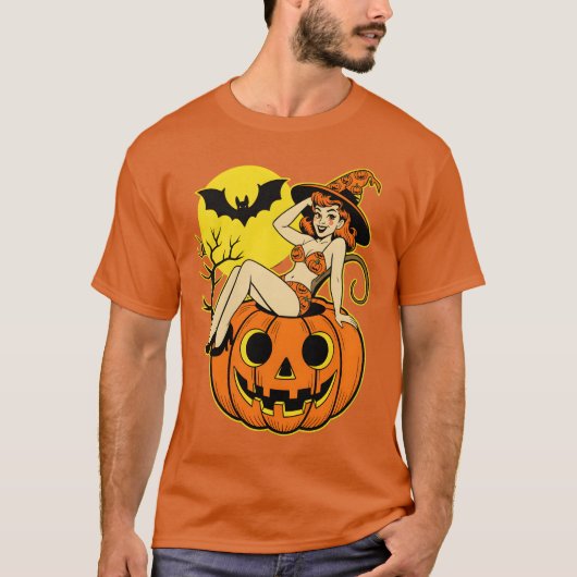Retro Halloween Pinup Witch on Pumpkin Tシャツ (正面)