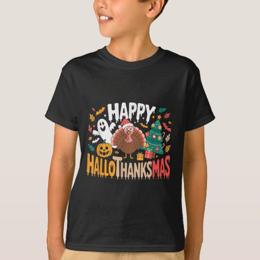 Retro Halloween Thanksgiving Christmas Happy Hallo Tシャツ (正面)