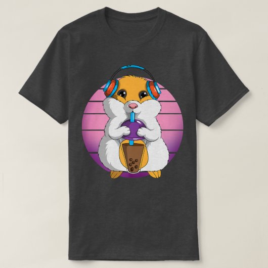 Retro Hamster K-Pop Tea Drink Headphone Music Kawa Tシャツ (デザイン正面)