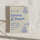 Retro Hand Drawn Blue Cake Bows Unique Wedding  招待状