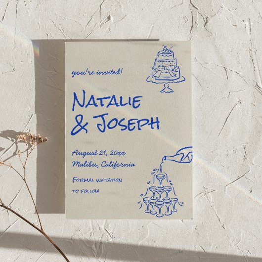 Retro Hand Drawn Blue Cake Bows Unique Wedding 招待状