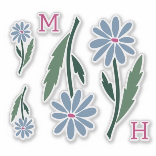 Retro Hand Drawn Blue Flowers Pink Monogram シール (正面)