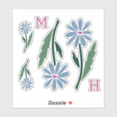 Retro Hand Drawn Blue Flowers Pink Monogram シール (シート)