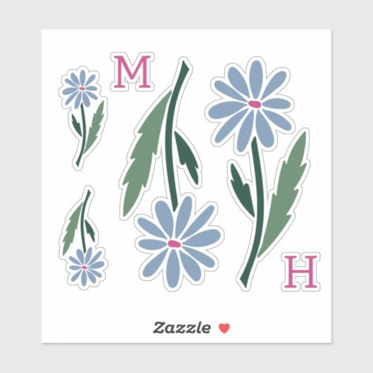Retro Hand Drawn Blue Flowers Pink Monogram シール (シート)