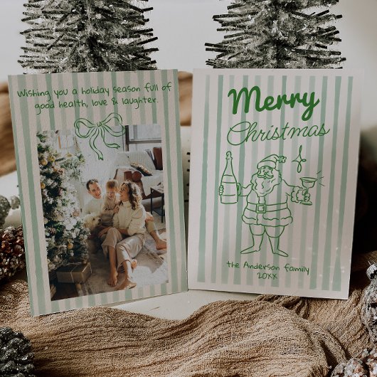 Retro Hand Drawn Festive Santa Champagne Christmas シーズンカード