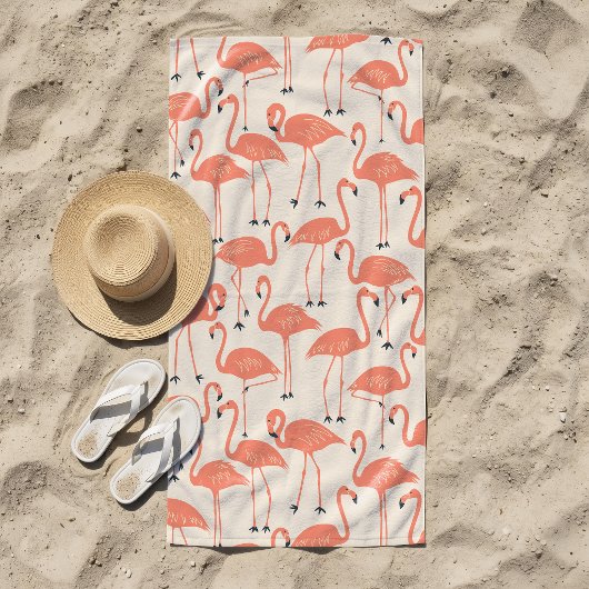 Retro Hand-Drawn Flamingo Pattern | Sunset Retro ビーチタオル