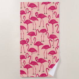 Retro Hand-Drawn Flamingo Pattern | Sunset Sherbet ビーチタオル