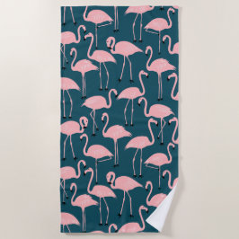 Retro Hand-Drawn Flamingo Pattern | Teal Pink ビーチタオル