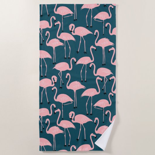 Retro Hand-Drawn Flamingo Pattern | Teal Pink ビーチタオル (正面)