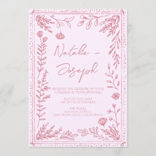 Retro Hand Drawn Floral Garden All In One Wedding 招待状 (正面)