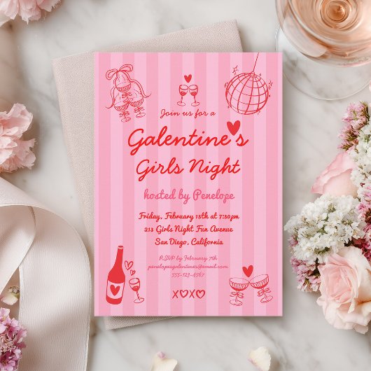 Retro Hand Drawn Galentine's Girls Night Party 招待状