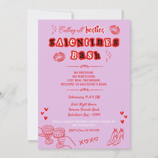 Retro Hand Drawn Galentine's Valentine's Day 招待状 (正面)