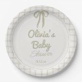 Retro Hand Drawn Green Bow Gingham Baby Shower  ペーパープレート (正面)