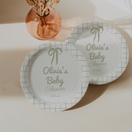 Retro Hand Drawn Green Bow Gingham Baby Shower  ペーパープレート