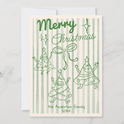 Retro Hand Drawn Green Funny Christmas Trees Bow シーズンカード (正面)