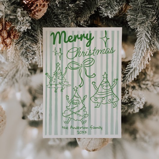 Retro Hand Drawn Green Funny Christmas Trees Bow シーズンカード