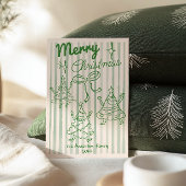 Retro Hand Drawn Green Funny Christmas Trees Bow シーズンカード