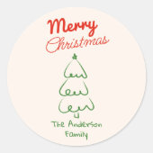 Retro Hand Drawn Green Red Abstract Christmas Tree ラウンドシール (正面)