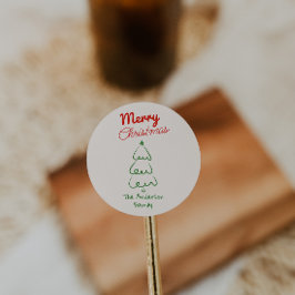 Retro Hand Drawn Green Red Abstract Christmas Tree ラウンドシール