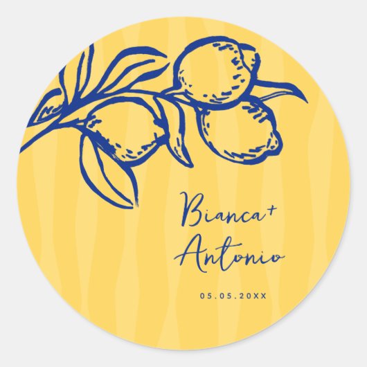 Retro Hand Drawn Handwritten Blue Italian Wedding ラウンドシール (正面)