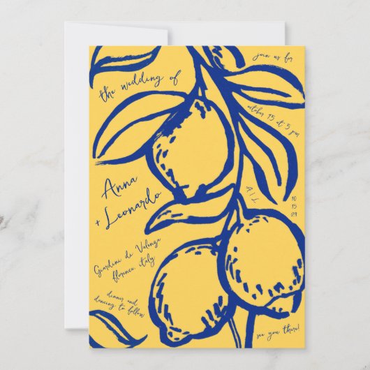 Retro Hand Drawn Handwritten Blue Italian Wedding 招待状 (正面)