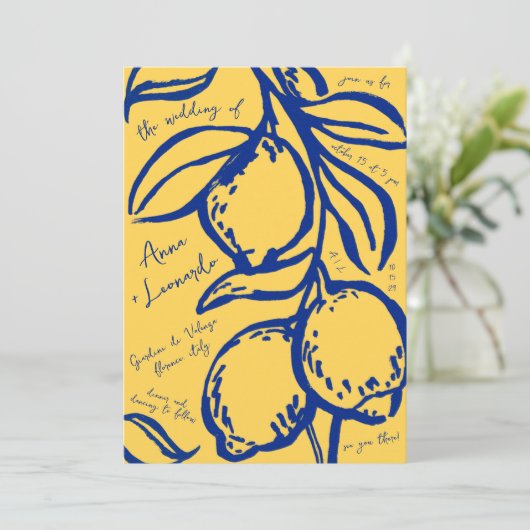 Retro Hand Drawn Handwritten Blue Italian Wedding 招待状 (スタンド正面)