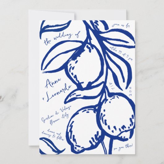 Retro Hand Drawn Handwritten Blue Italian Wedding 招待状 (正面)
