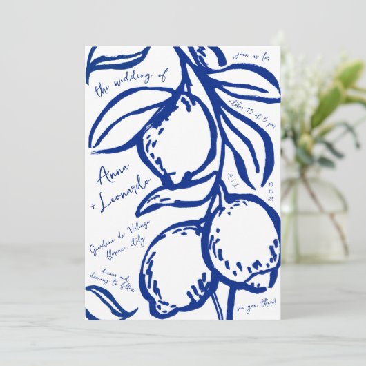 Retro Hand Drawn Handwritten Blue Italian Wedding 招待状 (スタンド正面)