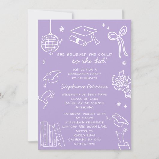 Retro Hand Drawn Lavender Doodle Photo Graduation 招待状 (正面)