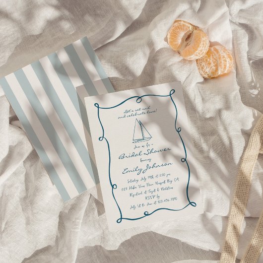 Retro Hand Drawn Nautical Sailboat Bridal Shower 招待状