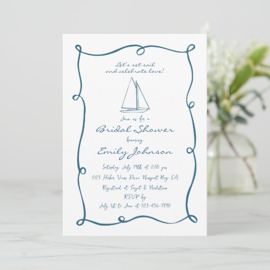 Retro Hand Drawn Nautical Sailboat Bridal Shower 招待状 (スタンド正面)