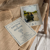 Retro Hand Drawn Navy blue Funky Photo Wedding 招待状