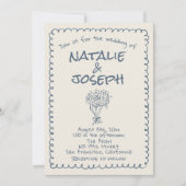 Retro Hand Drawn Navy blue Funky Photo Wedding 招待状 (正面)