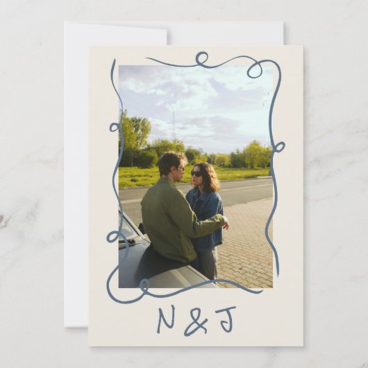 Retro Hand Drawn Navy blue Funky Photo Wedding 招待状 (裏面)