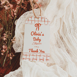 Retro Hand Drawn Neutral Bow Gingham Baby Shower ギフトタグ