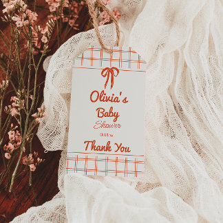 Retro Hand Drawn Neutral Bow Gingham Baby Shower ギフトタグ